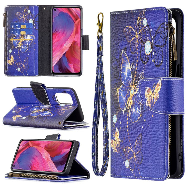 Shock-Absorbed Zippered Wallet Design BF03 Pattern Printing Full Protection Leather Stand Phone Cover for Oppo A74 5G/A93 5G/A54 5G - Golden Butterflies