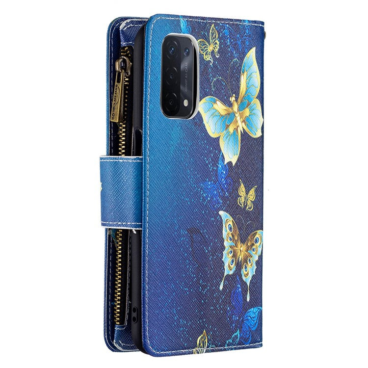 Shock-Absorbed Zippered Wallet Design BF03 Pattern Printing Full Protection Leather Stand Phone Cover for Oppo A74 5G/A93 5G/A54 5G - Blue Butterfly
