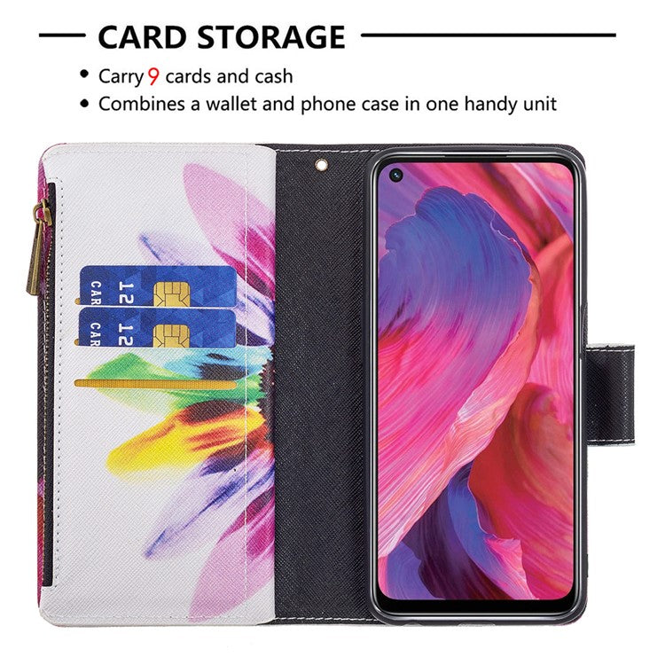 Shock-Absorbed Zippered Wallet Design BF03 Pattern Printing Full Protection Leather Stand Phone Cover for Oppo A74 5G/A93 5G/A54 5G - Sunflower