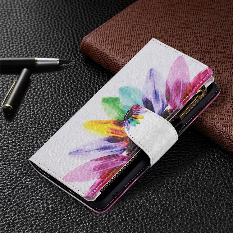 Shock-Absorbed Zippered Wallet Design BF03 Pattern Printing Full Protection Leather Stand Phone Cover for Oppo A74 5G/A93 5G/A54 5G - Sunflower