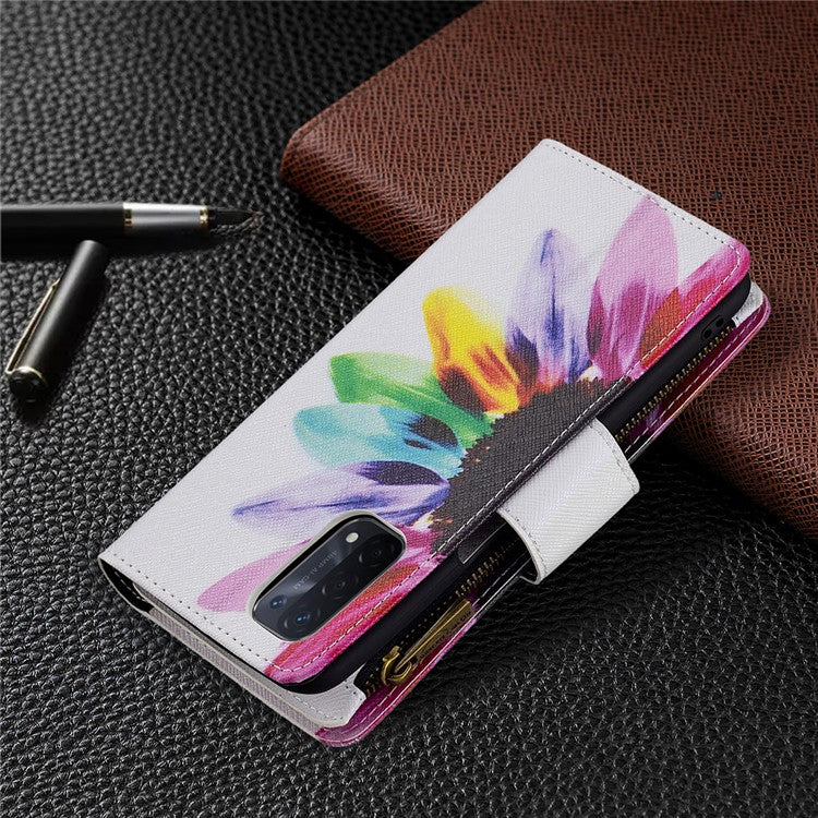 Shock-Absorbed Zippered Wallet Design BF03 Pattern Printing Full Protection Leather Stand Phone Cover for Oppo A74 5G/A93 5G/A54 5G - Sunflower