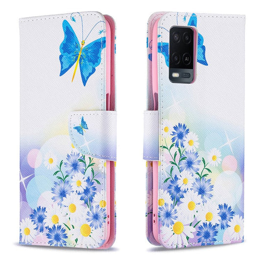 Wallet Design Drop-Resistant Pattern Printing Magnetic Leather Case with Adjustable Stand for Oppo A54 4G / A54s / A16 / A16s / A55 5G - Blue Butterflies and Flowers