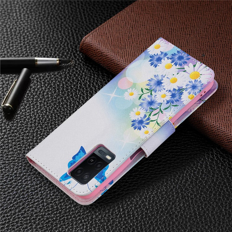 Wallet Design Drop-Resistant Pattern Printing Magnetic Leather Case with Adjustable Stand for Oppo A54 4G / A54s / A16 / A16s / A55 5G - Blue Butterflies and Flowers