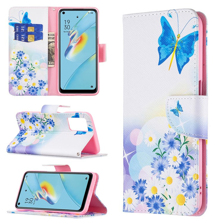 Wallet Design Drop-Resistant Pattern Printing Magnetic Leather Case with Adjustable Stand for Oppo A54 4G / A54s / A16 / A16s / A55 5G - Blue Butterflies and Flowers