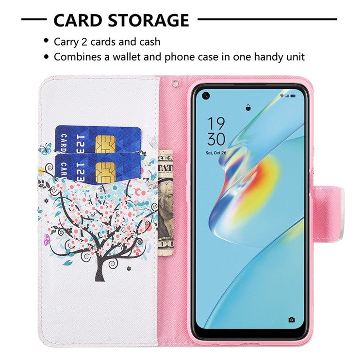Wallet Design Drop-Resistant Pattern Printing Magnetic Leather Case with Adjustable Stand for Oppo A54 4G / A54s / A16 / A16s / A55 5G - Flower Tree