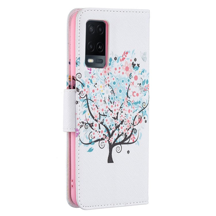Wallet Design Drop-Resistant Pattern Printing Magnetic Leather Case with Adjustable Stand for Oppo A54 4G / A54s / A16 / A16s / A55 5G - Flower Tree