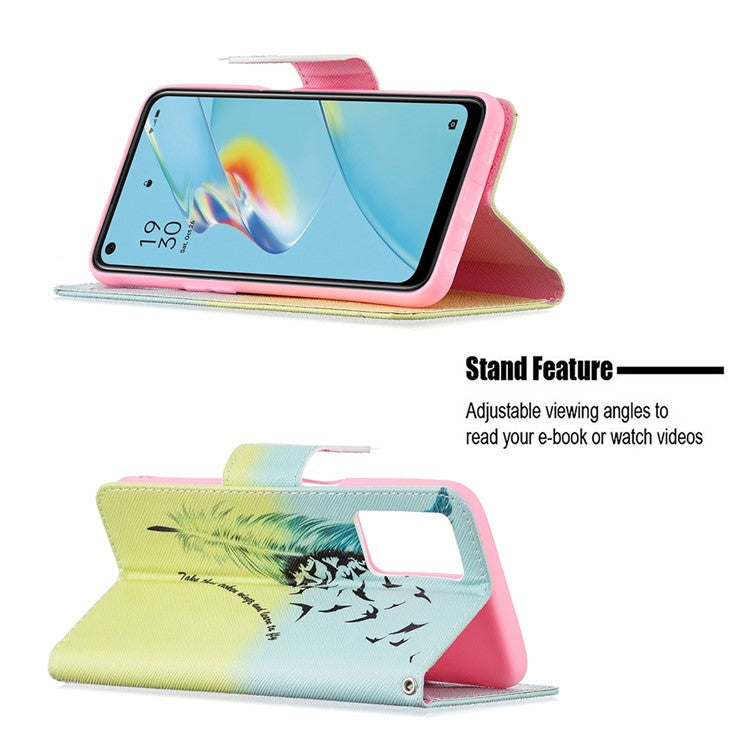 Wallet Design Drop-Resistant Pattern Printing Magnetic Leather Case with Adjustable Stand for Oppo A54 4G / A54s / A16 / A16s / A55 5G - Feather / Bird Pattern