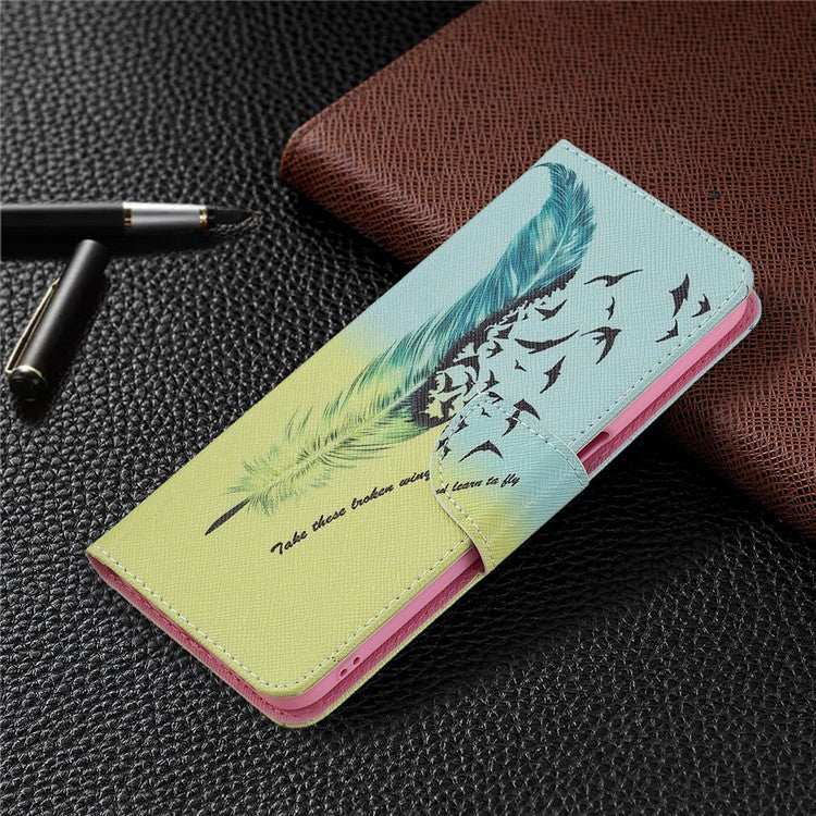 Wallet Design Drop-Resistant Pattern Printing Magnetic Leather Case with Adjustable Stand for Oppo A54 4G / A54s / A16 / A16s / A55 5G - Feather / Bird Pattern
