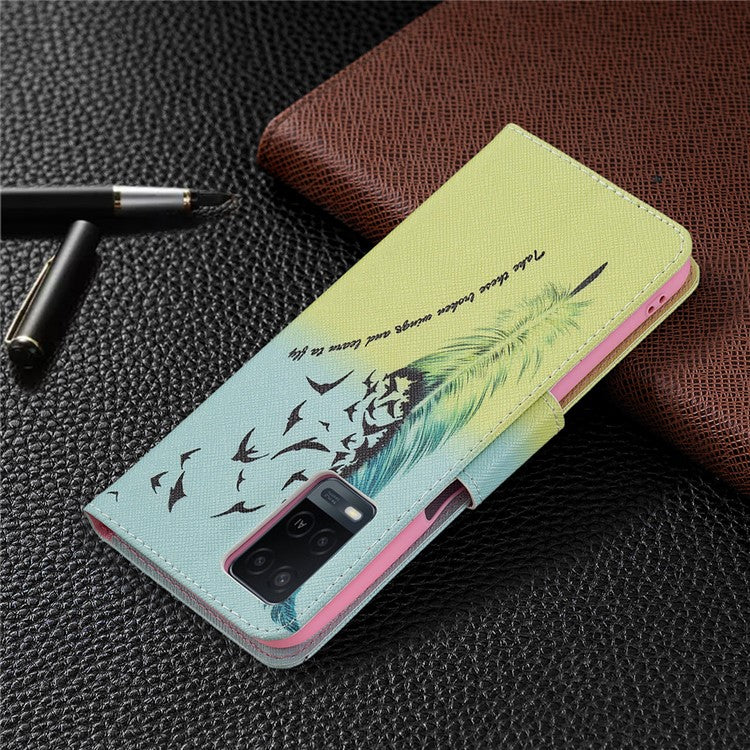 Wallet Design Drop-Resistant Pattern Printing Magnetic Leather Case with Adjustable Stand for Oppo A54 4G / A54s / A16 / A16s / A55 5G - Feather / Bird Pattern