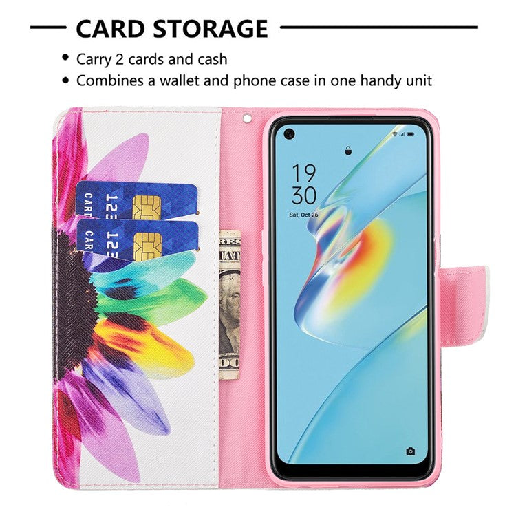 Wallet Design Drop-Resistant Pattern Printing Magnetic Leather Case with Adjustable Stand for Oppo A54 4G / A54s / A16 / A16s / A55 5G - Sunflower