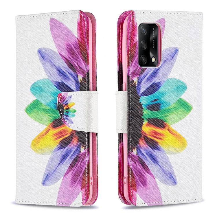 Pattern Printing Textured Leather Wallet Stand Case with Magnetic Clasp Closure for Oppo A74 4G/F19 4G - Sunflower