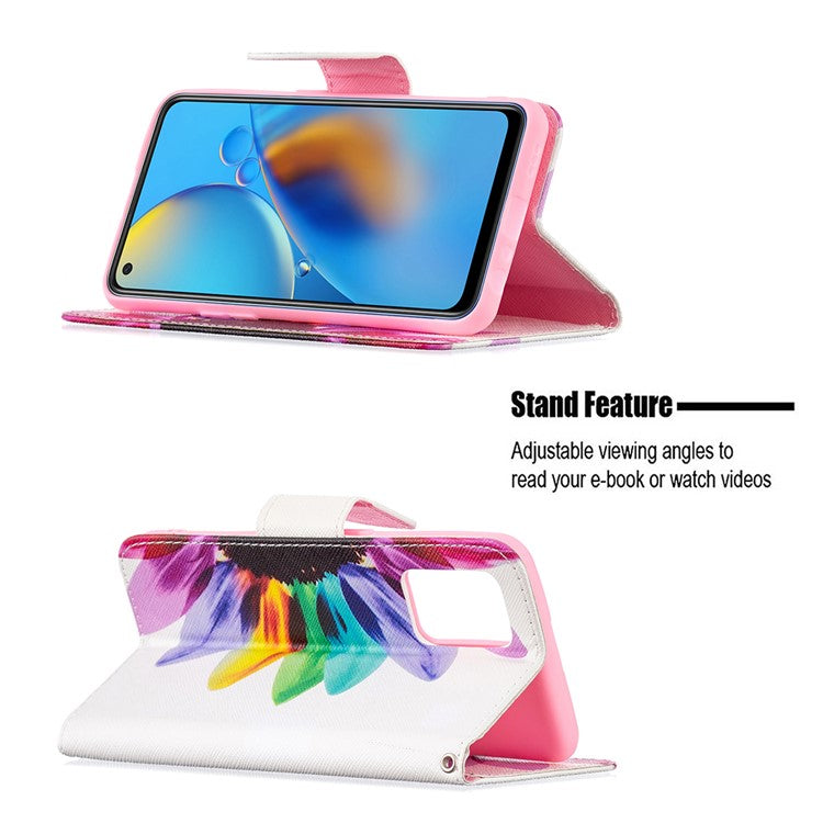 Pattern Printing Textured Leather Wallet Stand Case with Magnetic Clasp Closure for Oppo A74 4G/F19 4G - Sunflower