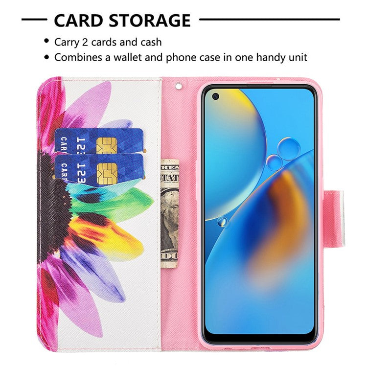 Pattern Printing Textured Leather Wallet Stand Case with Magnetic Clasp Closure for Oppo A74 4G/F19 4G - Sunflower