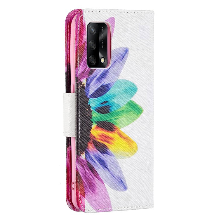 Pattern Printing Textured Leather Wallet Stand Case with Magnetic Clasp Closure for Oppo A74 4G/F19 4G - Sunflower