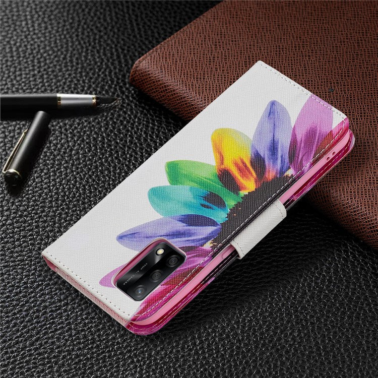 Pattern Printing Textured Leather Wallet Stand Case with Magnetic Clasp Closure for Oppo A74 4G/F19 4G - Sunflower
