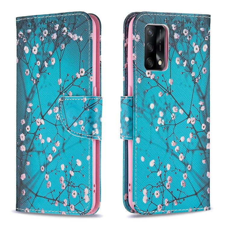Pattern Printing Textured Leather Wallet Stand Case with Magnetic Clasp Closure for Oppo A74 4G/F19 4G - Wintersweet