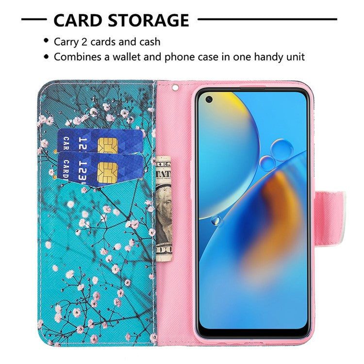 Pattern Printing Textured Leather Wallet Stand Case with Magnetic Clasp Closure for Oppo A74 4G/F19 4G - Wintersweet