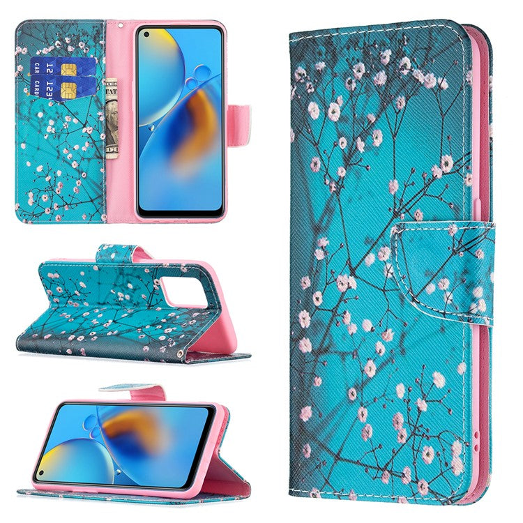 Pattern Printing Textured Leather Wallet Stand Case with Magnetic Clasp Closure for Oppo A74 4G/F19 4G - Wintersweet