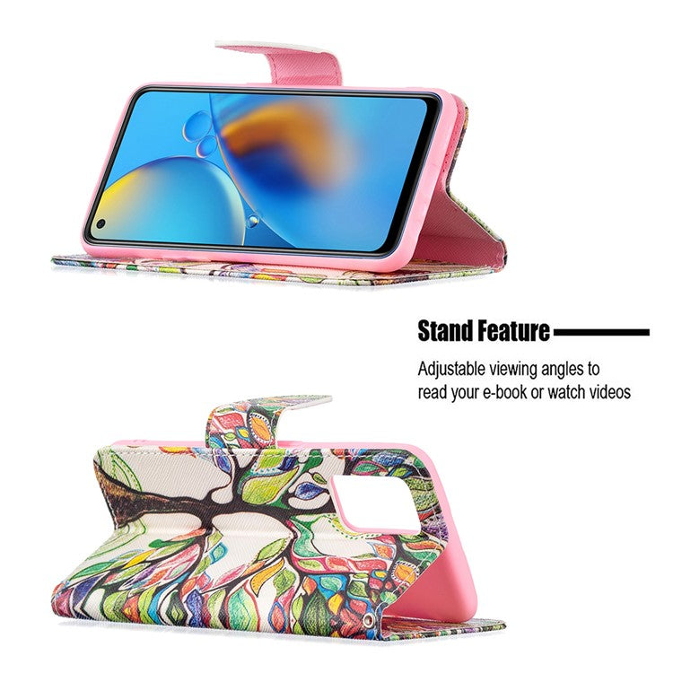 Pattern Printing Textured Leather Wallet Stand Case with Magnetic Clasp Closure for Oppo A74 4G/F19 4G - Life Tree