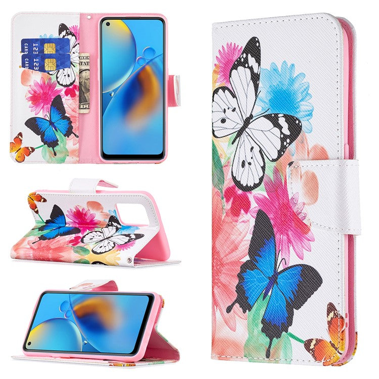 Pattern Printing Textured Leather Wallet Stand Case with Magnetic Clasp Closure for Oppo A74 4G/F19 4G - Vivid Butterflies