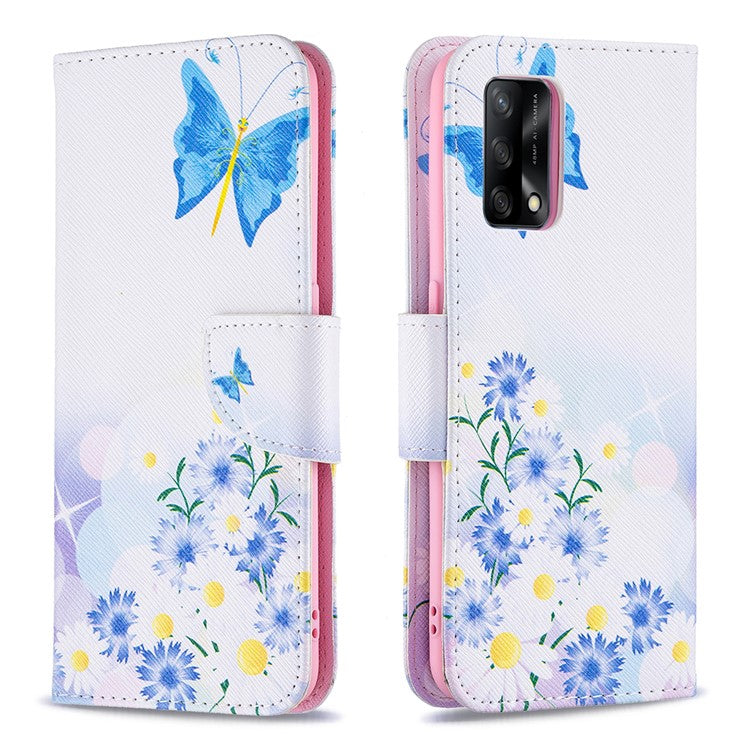 Pattern Printing Textured Leather Wallet Stand Case with Magnetic Clasp Closure for Oppo A74 4G/F19 4G - Blue Butterflies and Flowers