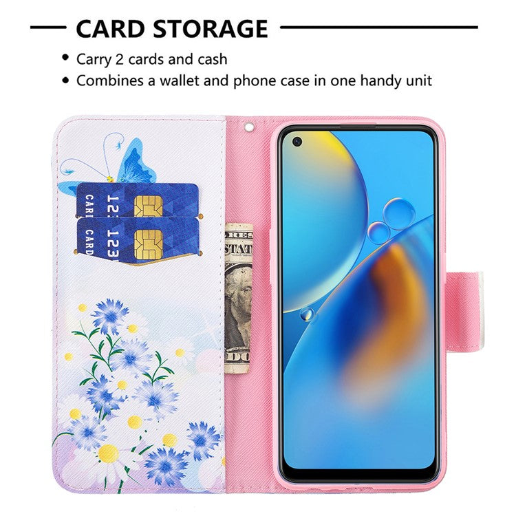 Pattern Printing Textured Leather Wallet Stand Case with Magnetic Clasp Closure for Oppo A74 4G/F19 4G - Blue Butterflies and Flowers