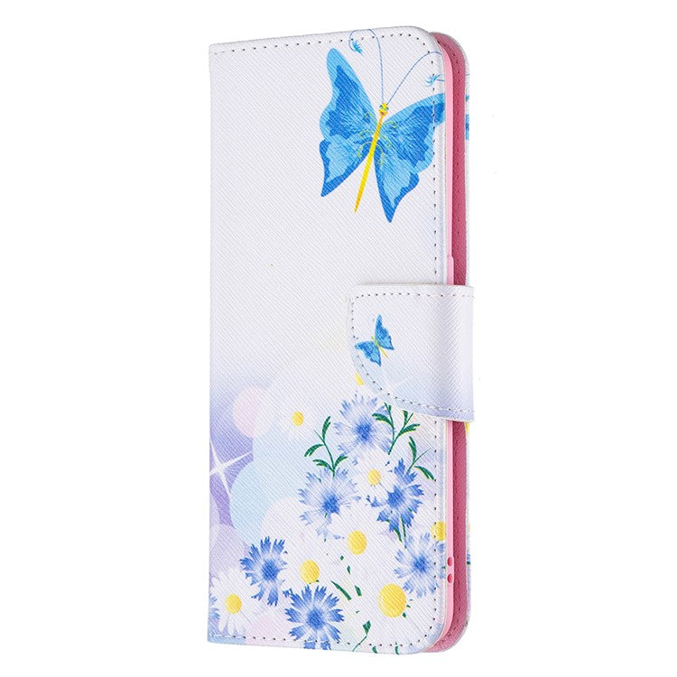 Pattern Printing Textured Leather Wallet Stand Case with Magnetic Clasp Closure for Oppo A74 4G/F19 4G - Blue Butterflies and Flowers