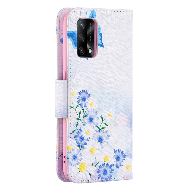 Pattern Printing Textured Leather Wallet Stand Case with Magnetic Clasp Closure for Oppo A74 4G/F19 4G - Blue Butterflies and Flowers