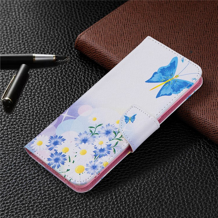 Pattern Printing Textured Leather Wallet Stand Case with Magnetic Clasp Closure for Oppo A74 4G/F19 4G - Blue Butterflies and Flowers