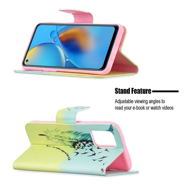 Pattern Printing Textured Leather Wallet Stand Case with Magnetic Clasp Closure for Oppo A74 4G/F19 4G - Feather/Bird Pattern