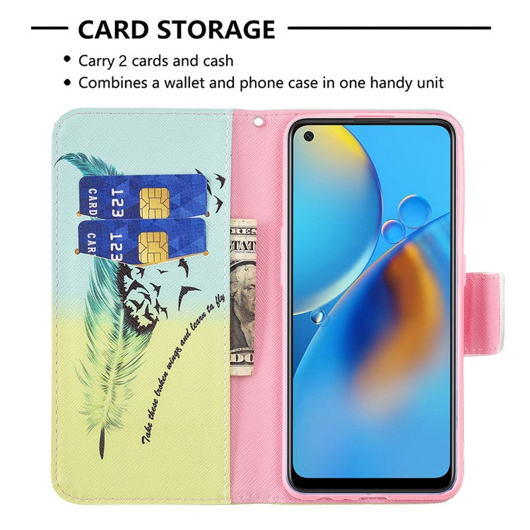 Pattern Printing Textured Leather Wallet Stand Case with Magnetic Clasp Closure for Oppo A74 4G/F19 4G - Feather/Bird Pattern