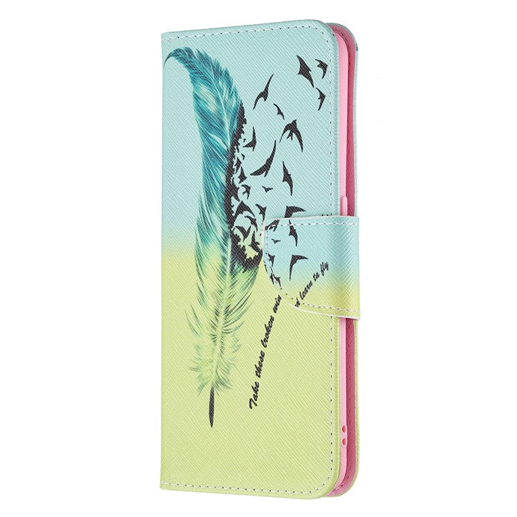 Pattern Printing Textured Leather Wallet Stand Case with Magnetic Clasp Closure for Oppo A74 4G/F19 4G - Feather/Bird Pattern