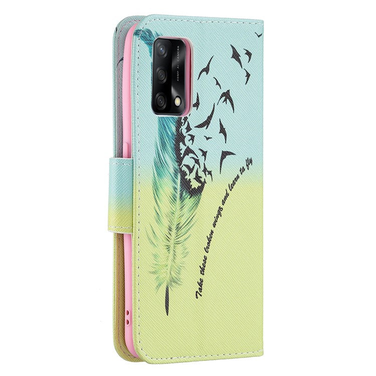 Pattern Printing Textured Leather Wallet Stand Case with Magnetic Clasp Closure for Oppo A74 4G/F19 4G - Feather/Bird Pattern