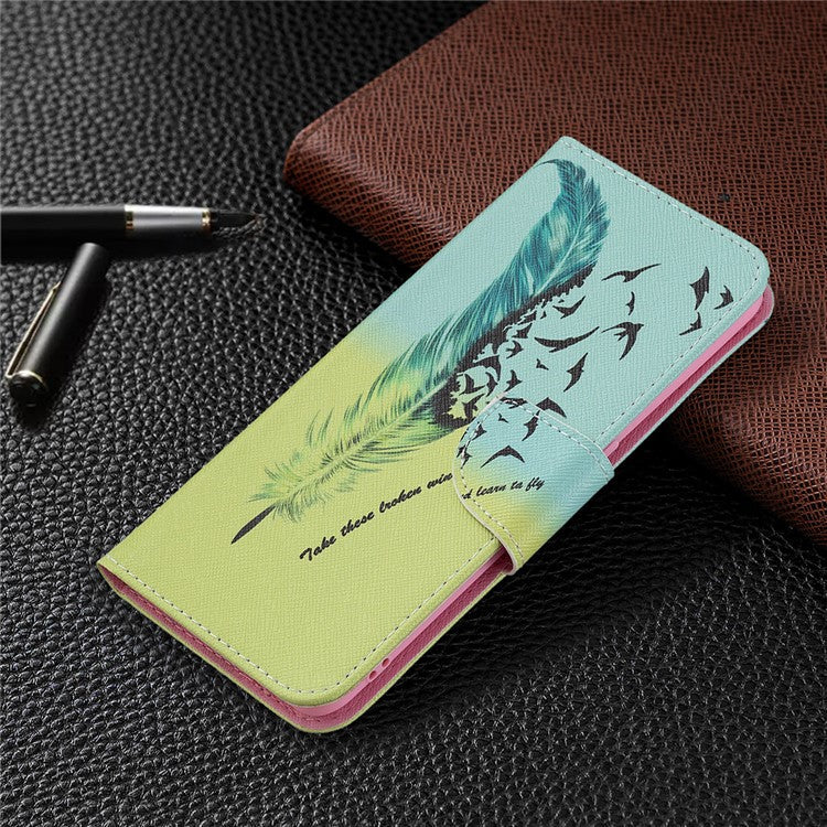 Pattern Printing Textured Leather Wallet Stand Case with Magnetic Clasp Closure for Oppo A74 4G/F19 4G - Feather/Bird Pattern