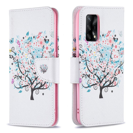 Pattern Printing Textured Leather Wallet Stand Case with Magnetic Clasp Closure for Oppo A74 4G/F19 4G - Flower Tree