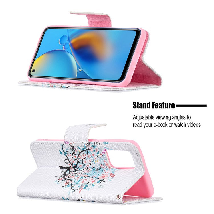 Pattern Printing Textured Leather Wallet Stand Case with Magnetic Clasp Closure for Oppo A74 4G/F19 4G - Flower Tree