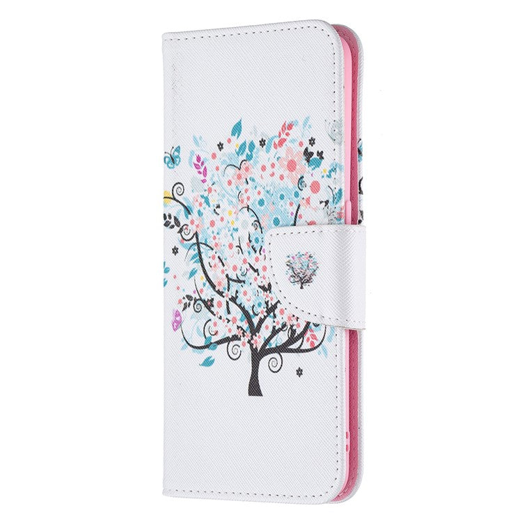 Pattern Printing Textured Leather Wallet Stand Case with Magnetic Clasp Closure for Oppo A74 4G/F19 4G - Flower Tree