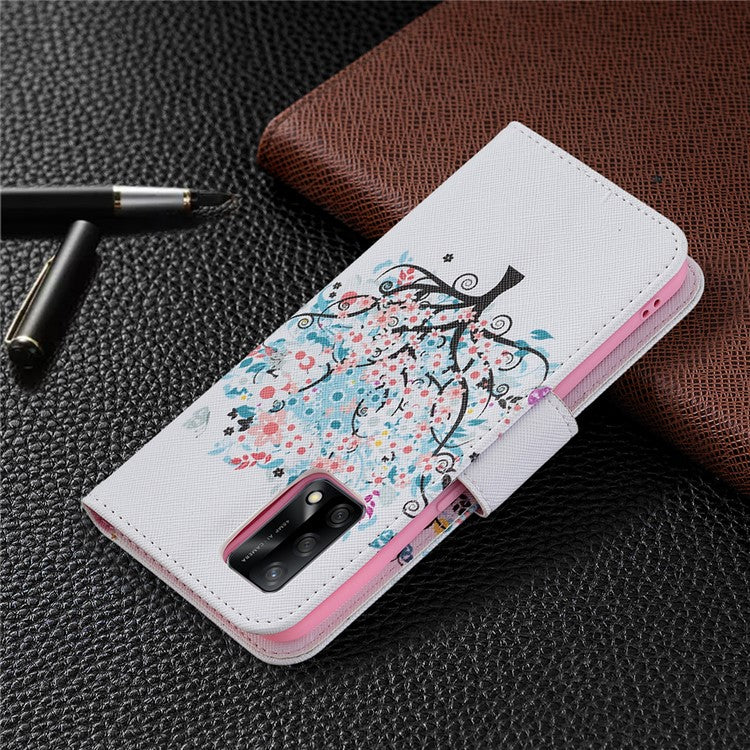 Pattern Printing Textured Leather Wallet Stand Case with Magnetic Clasp Closure for Oppo A74 4G/F19 4G - Flower Tree