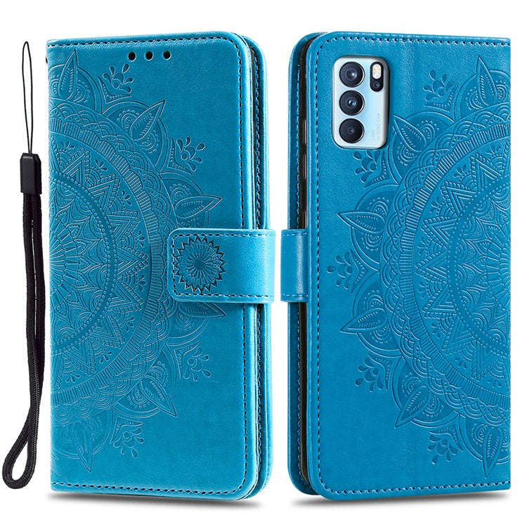 PU Leather Imprinted Mandala Pattern Wallet Stand Case with Strap for Oppo Reno6 Pro 5G (MediaTek) - Black
