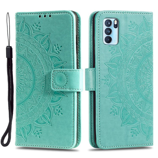 PU Leather Imprinted Mandala Pattern Wallet Stand Case with Strap for Oppo Reno6 Pro 5G (MediaTek) - Green