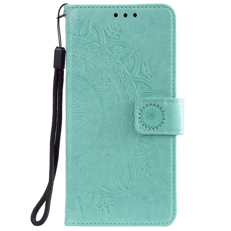 PU Leather Imprinted Mandala Pattern Wallet Stand Case with Strap for Oppo Reno6 Pro 5G (MediaTek) - Green