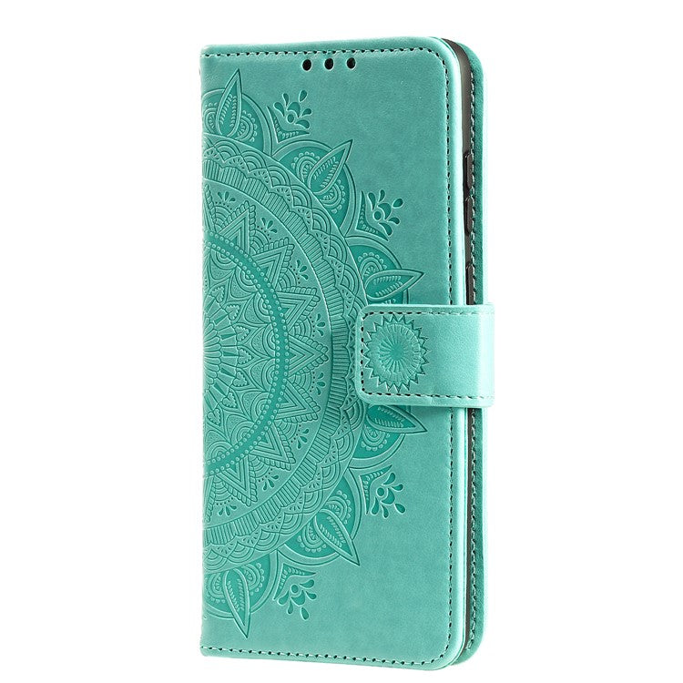 PU Leather Imprinted Mandala Pattern Wallet Stand Case with Strap for Oppo Reno6 Pro 5G (MediaTek) - Green