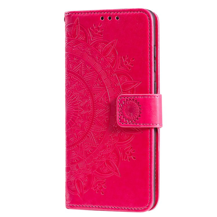 PU Leather Imprinted Mandala Pattern Wallet Stand Case with Strap for Oppo Reno6 Pro 5G (MediaTek) - Red