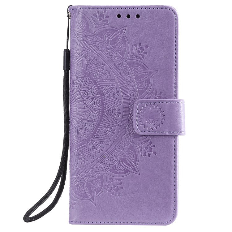 Phone Case Cover PU Leather Imprinted Mandala Pattern Wallet Stand Case for Oppo Reno6 5G - Purple