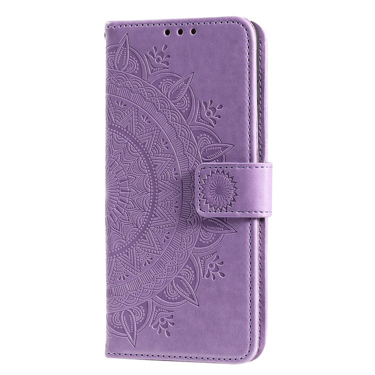 Phone Case Cover PU Leather Imprinted Mandala Pattern Wallet Stand Case for Oppo Reno6 5G - Purple