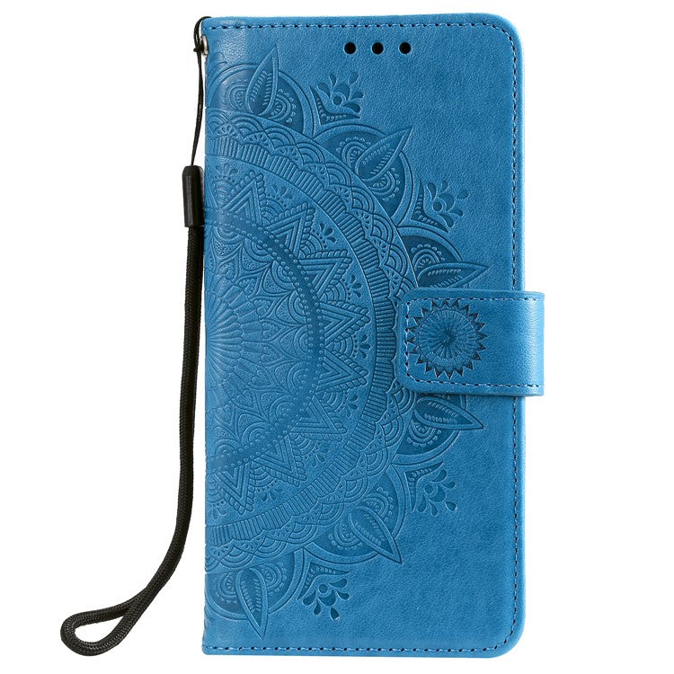 Phone Case Cover PU Leather Imprinted Mandala Pattern Wallet Stand Case for Oppo Reno6 5G - Blue