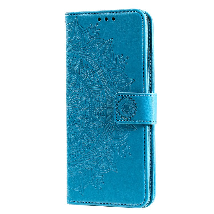 Phone Case Cover PU Leather Imprinted Mandala Pattern Wallet Stand Case for Oppo Reno6 5G - Blue