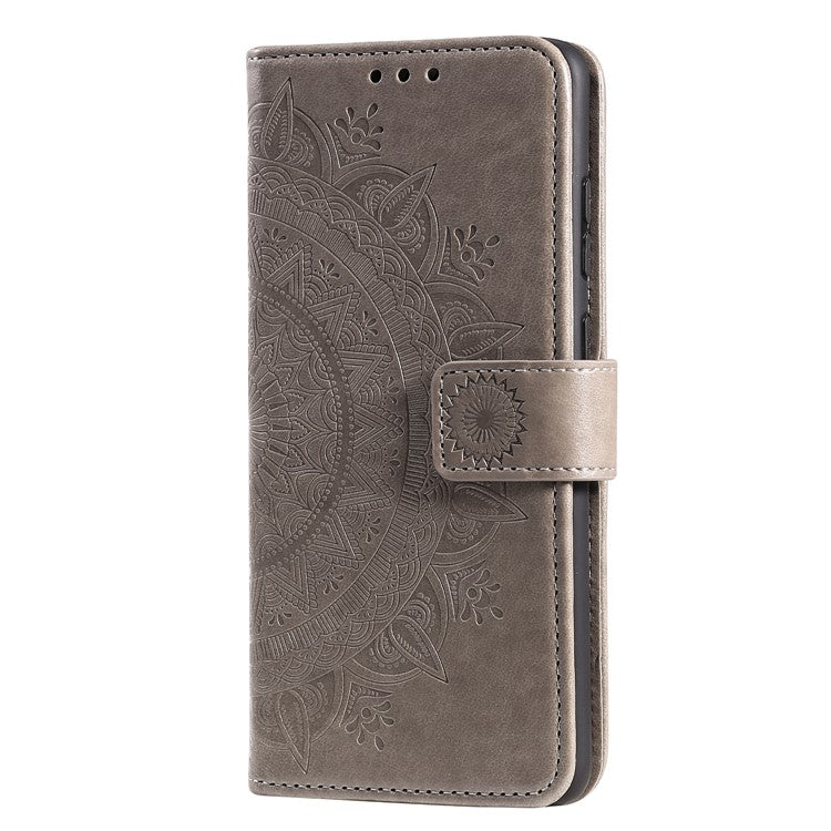 Phone Case Cover PU Leather Imprinted Mandala Pattern Wallet Stand Case for Oppo Reno6 5G - Grey