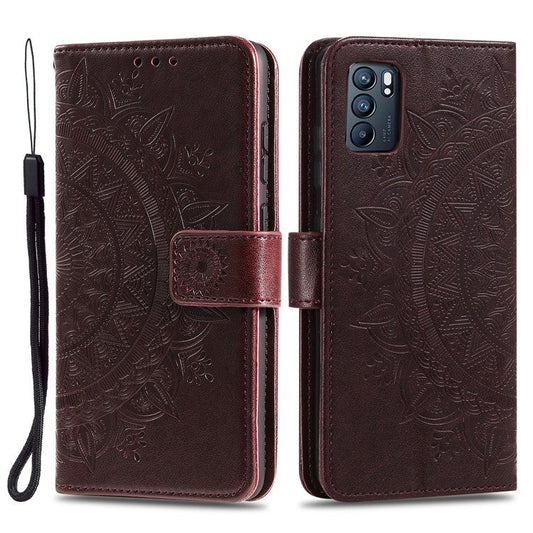 Phone Case Cover PU Leather Imprinted Mandala Pattern Wallet Stand Case for Oppo Reno6 5G - Brown