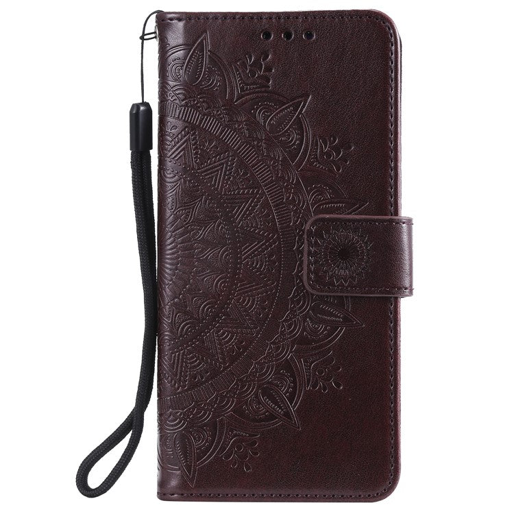Phone Case Cover PU Leather Imprinted Mandala Pattern Wallet Stand Case for Oppo Reno6 5G - Brown